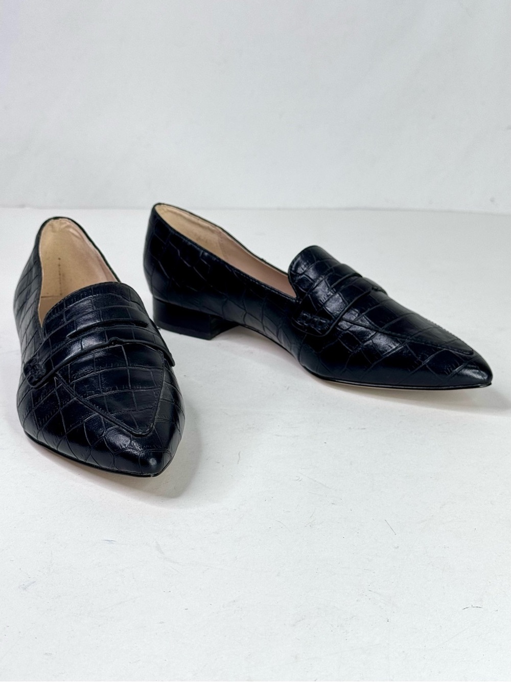 Marc Fisher Black Croc-Embossed Pointed Penny Loafers